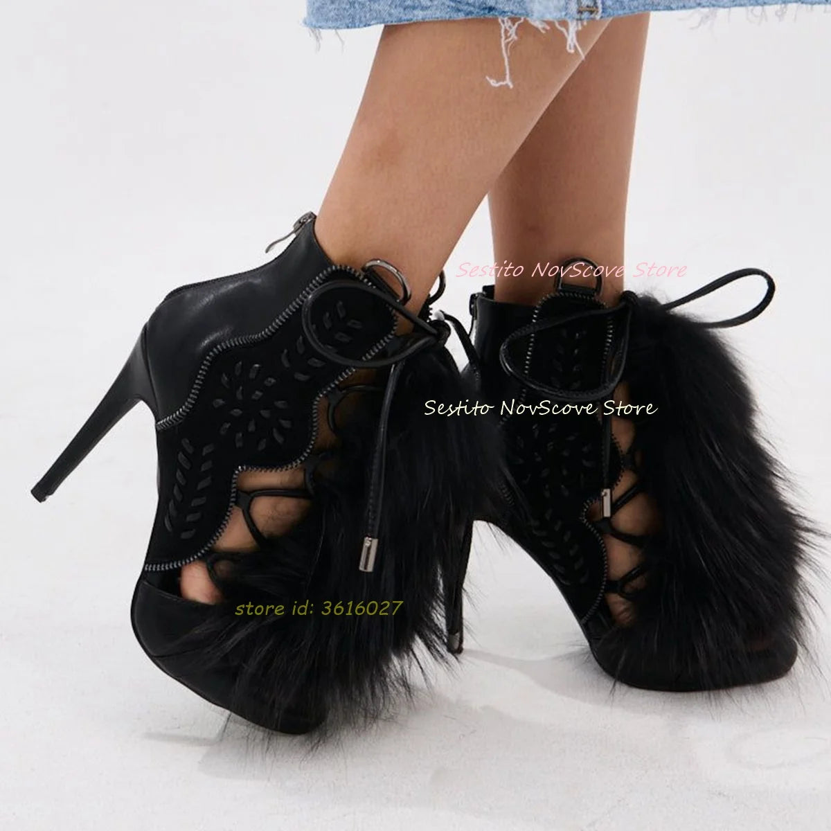 FZ Women's Embroidered Lace Up Stiletto High Heels Peep Toe Furry Ankle Boots