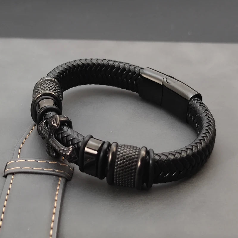 FZ Men's Hand-woven Rope Multi-layer Stainless Steel Leather Cross Bracelet