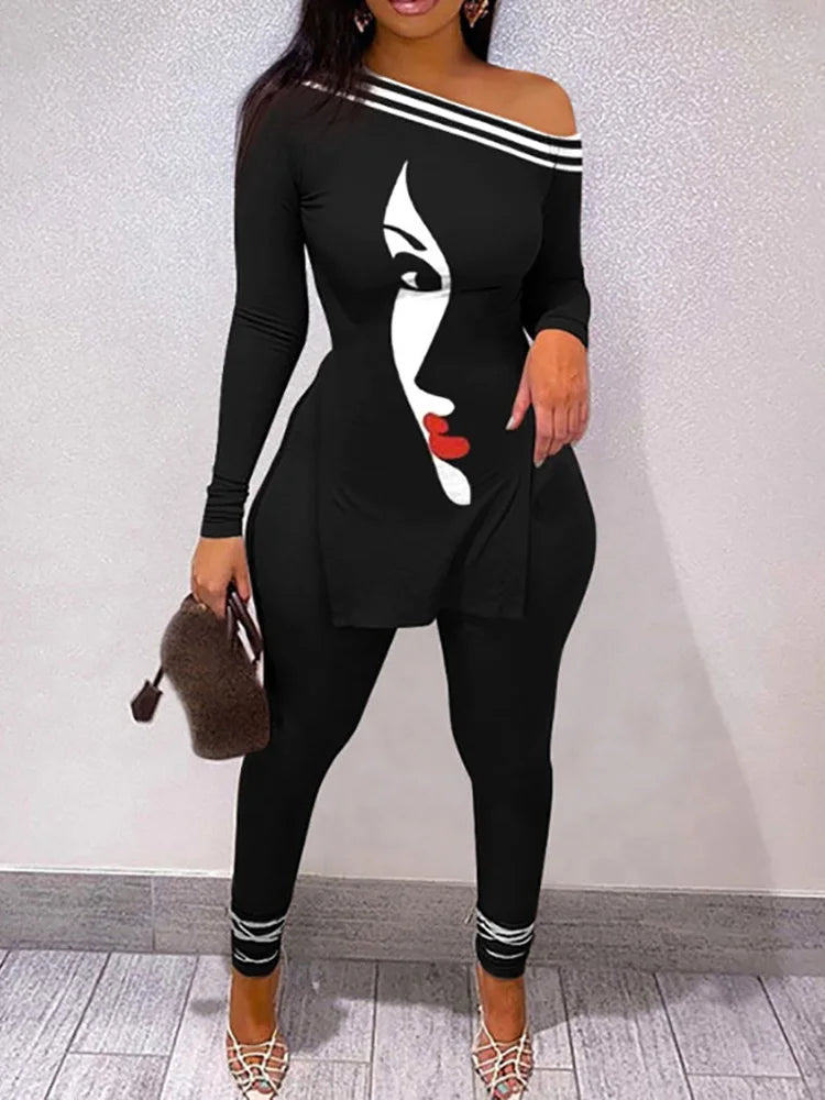 FZ Women's Skew Collar Two Piece Slim Skinny Streetwear Pants Suit - FZwear