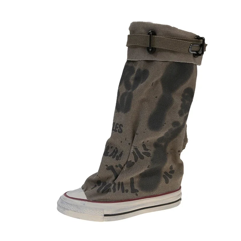 FZ Women's Spring Graffiti High Round Head Anti-slip Canvas Boots