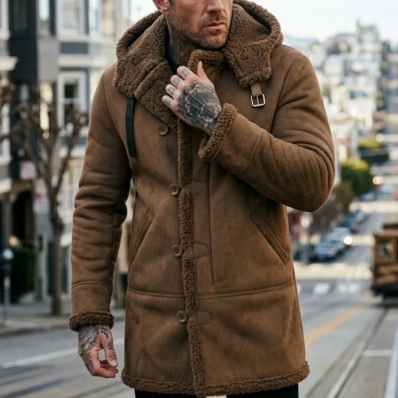 FZ Men's Lapel Hooded Thick Fleece Lined Mid Length Jacket