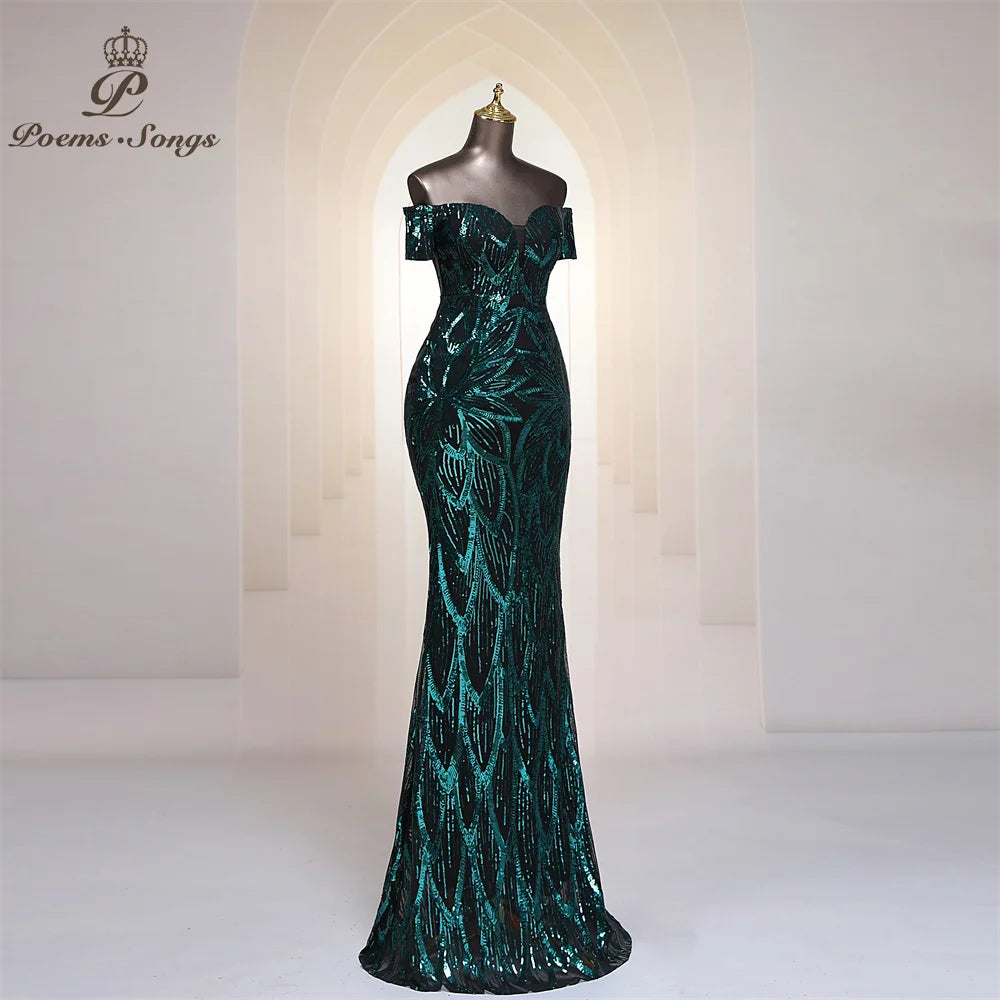 FZ Women's Sequins Off Shoulder Floor Length Mermaid Maxi Evening Dress