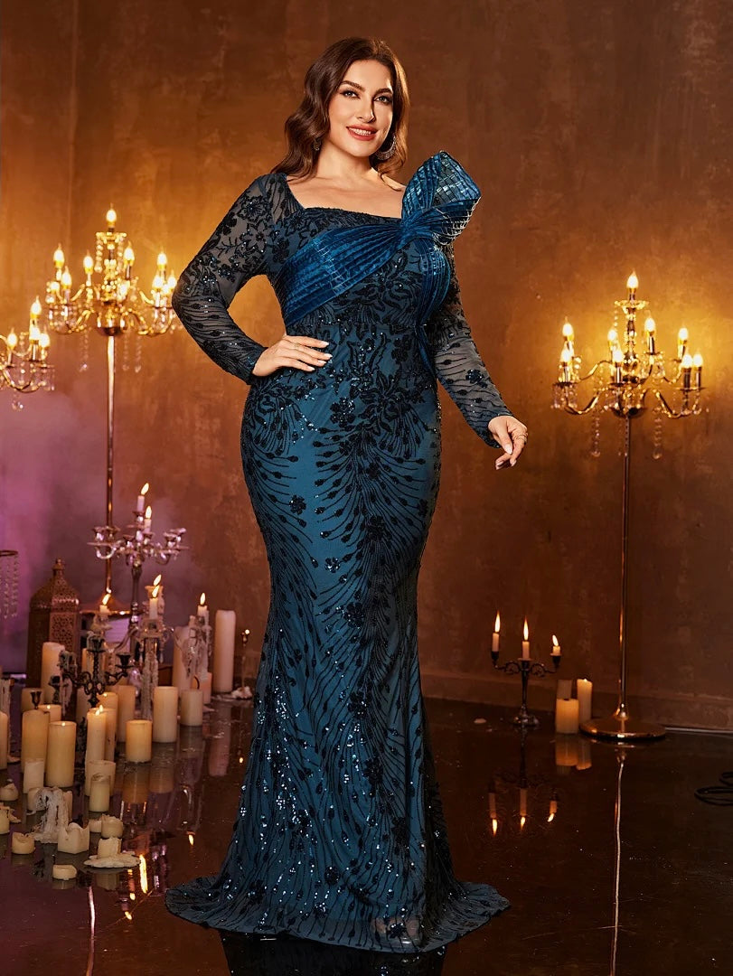 FZ Women's Plus Size Square Neck Sequin Mermaid Evening Dress
