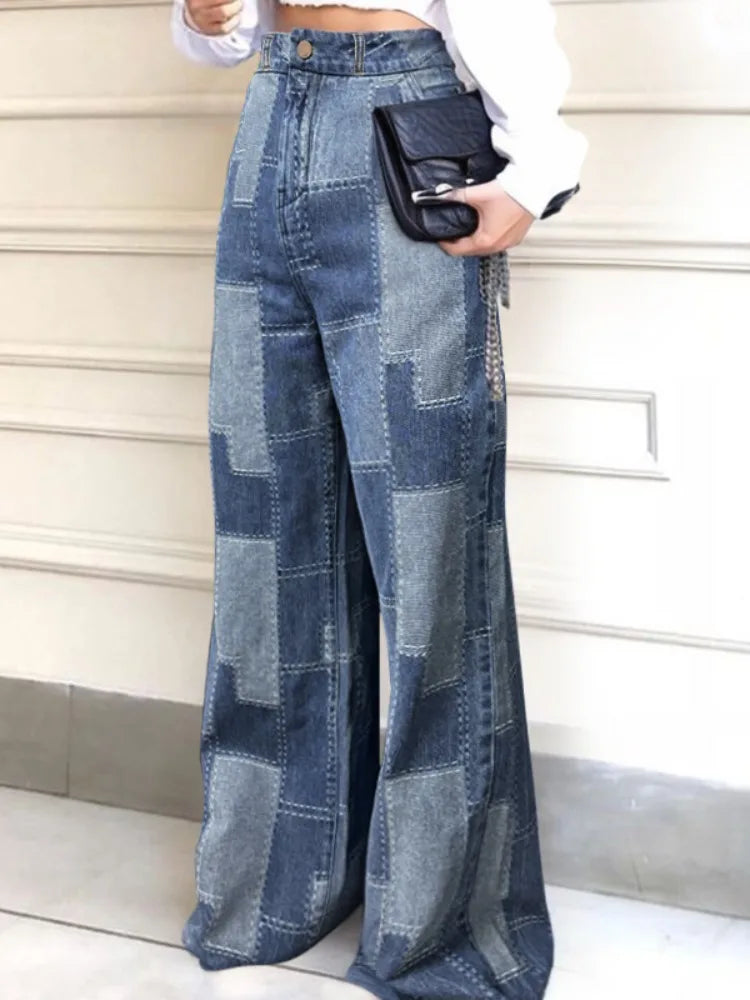 FZ Women's Plaid Contrast Loose Buttoned High Waist Wide Leg Imitation Denim Pants