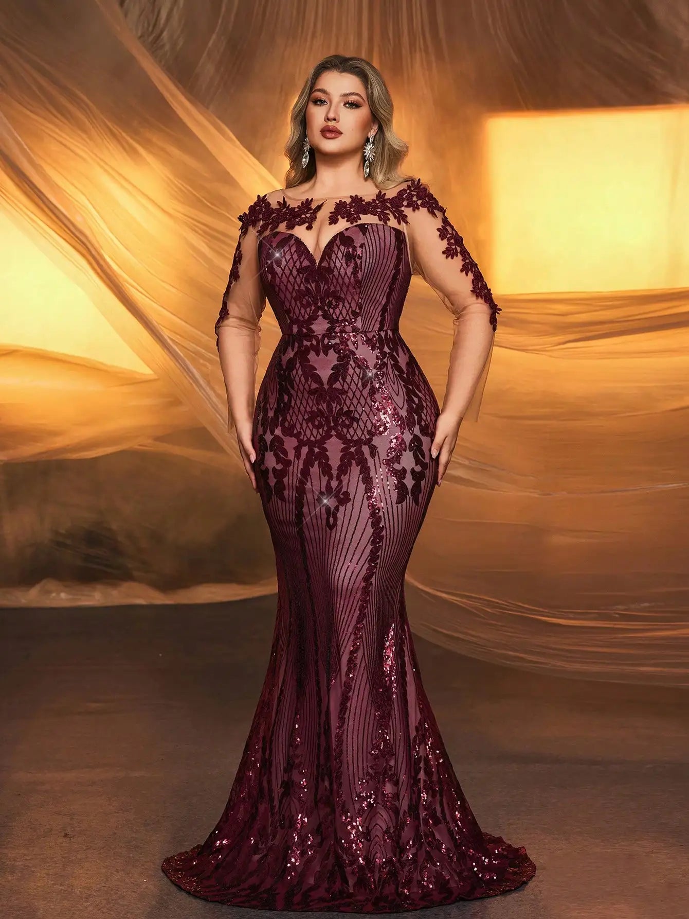 FZ Women's Plus Size Mermaid Sequin Embroidery Floor Length Evening Dress