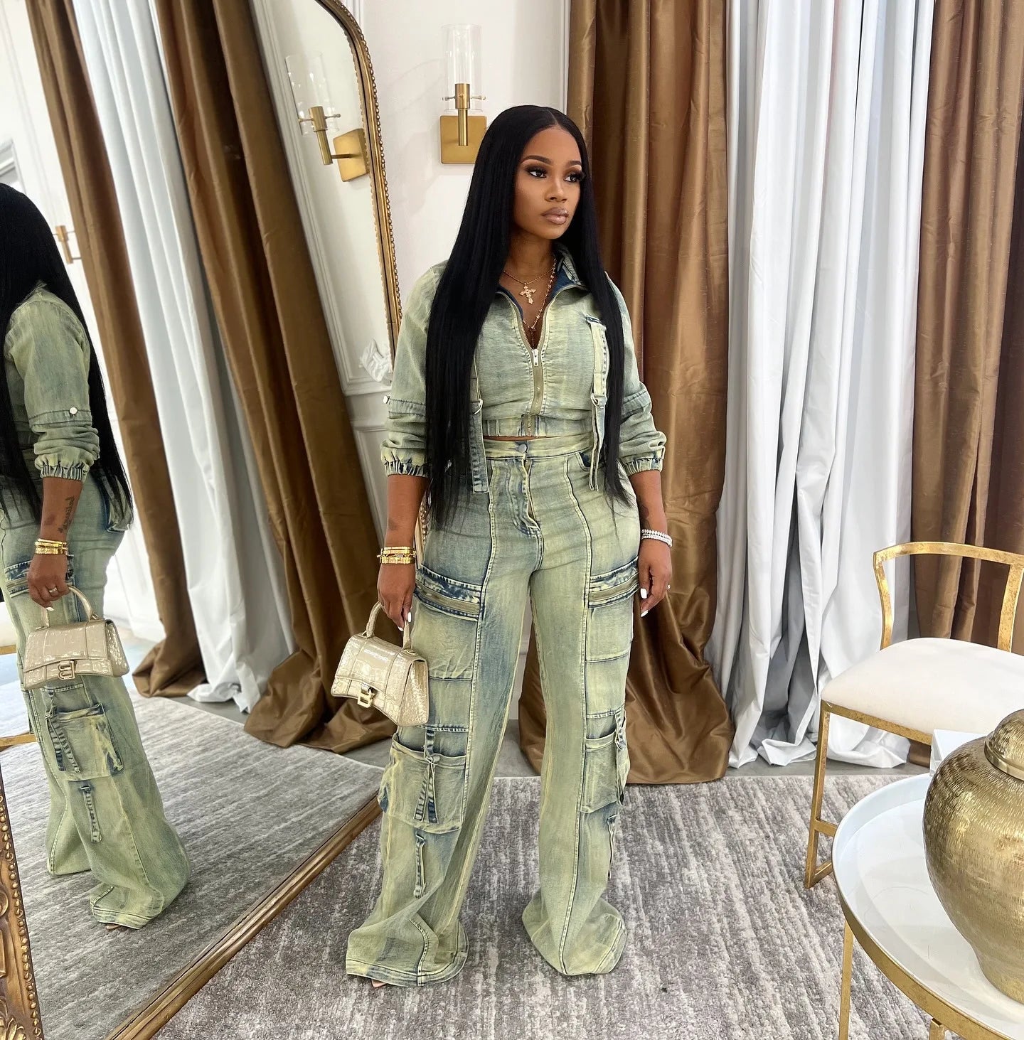 FZ Women's Multi Pockets Cargo Denim Pants Suit