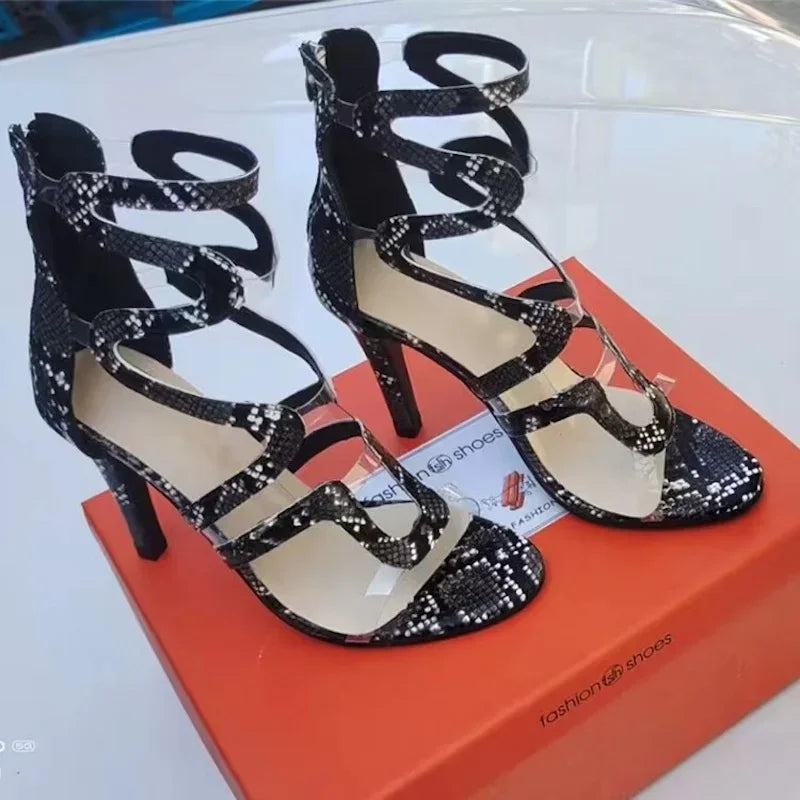 2023 Summer New Snake Skin Pattern High Heel Sandals Fish Mouth Slim Heel Fashion Large FZwear