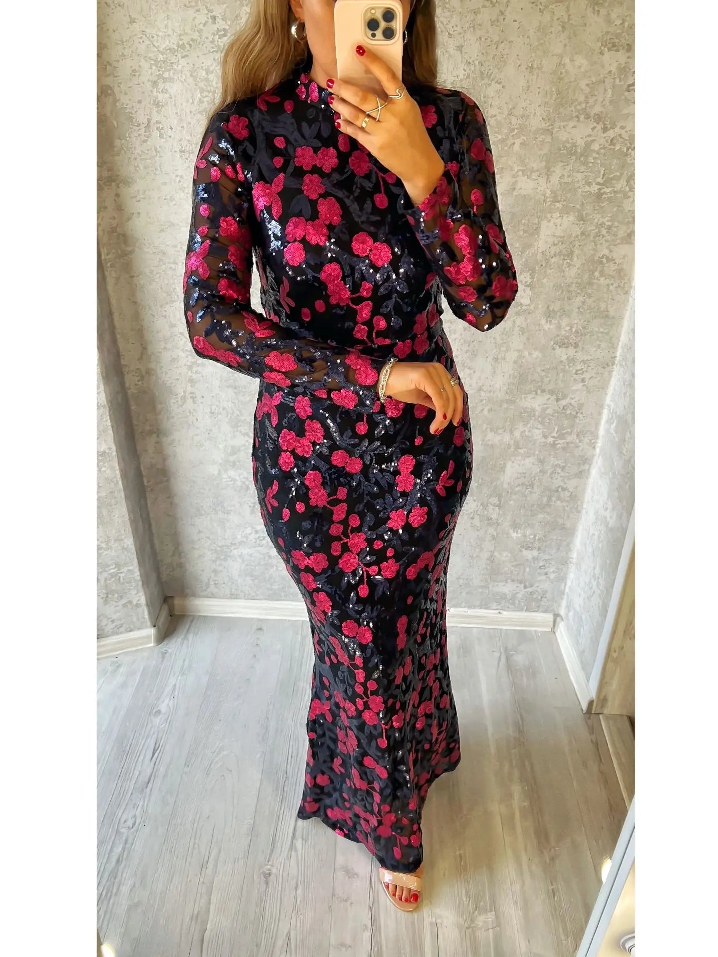 FZ Women's Stretch Floral Sequined Long Sleeve High Neck Evening Dress