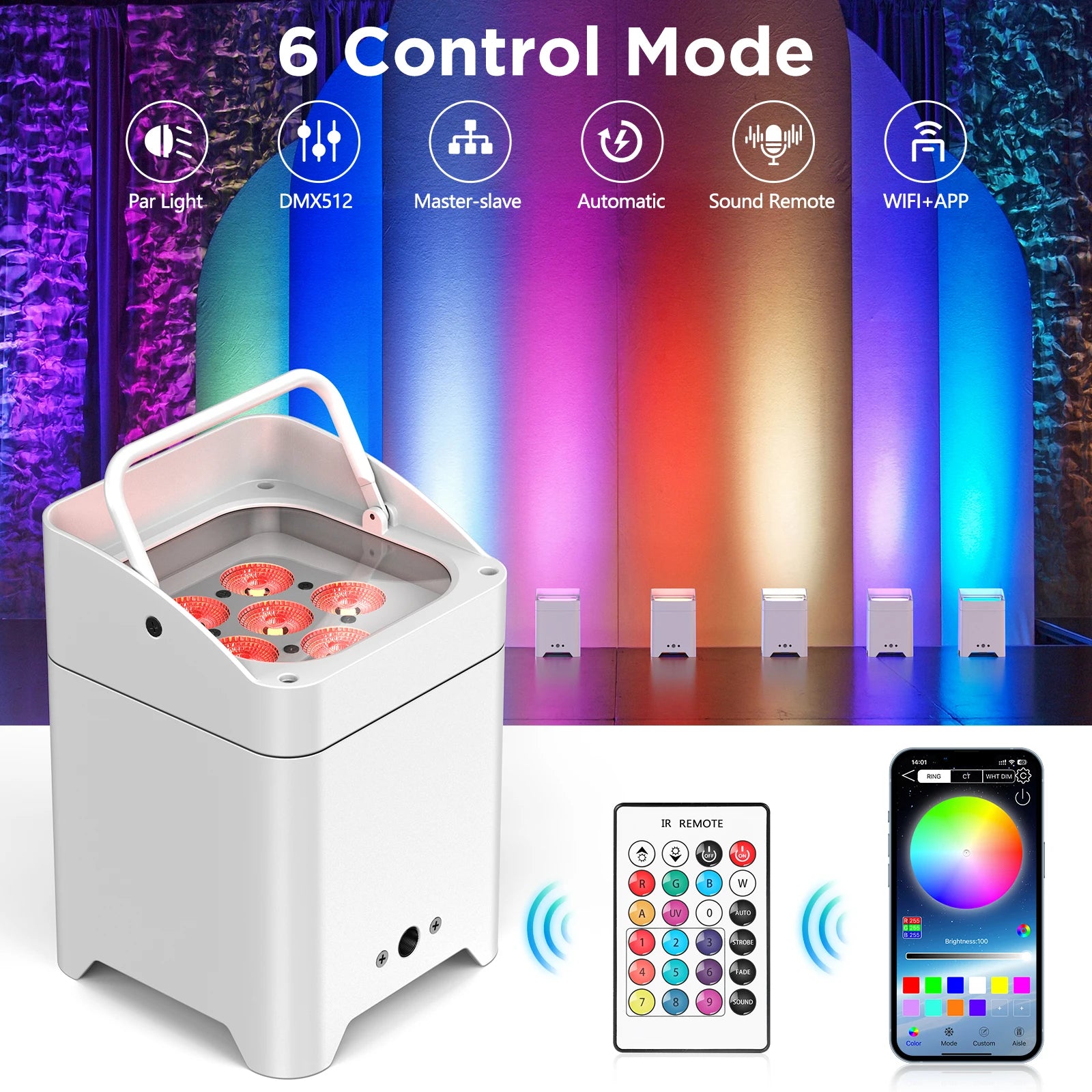 FZ 4Pcs 80W Rechargeable Built-in Battery WiFi Control 6X18W RGBWA+UV LED Par Lighting