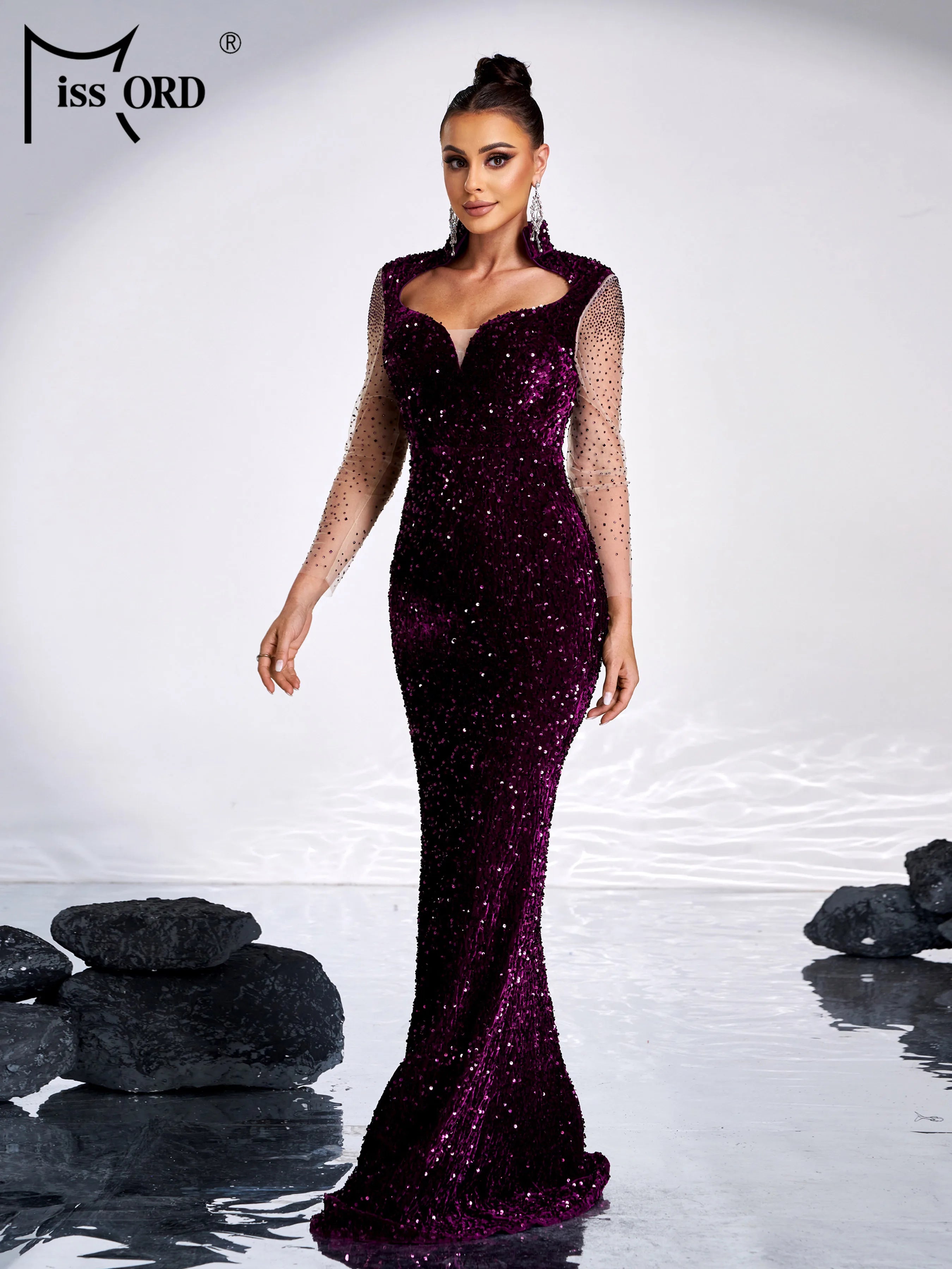FZ Women's Purple Sequin Mermaid Floor Length Evening Dress