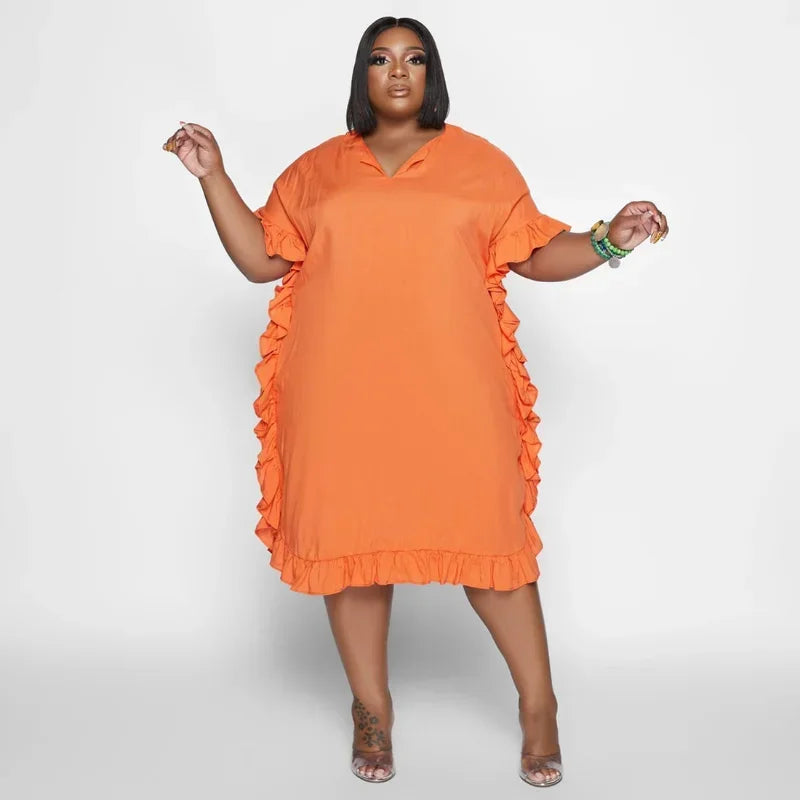 FZ Women's Plus Size Side Ruffles Short Sleeve Midi Streetwear Dress