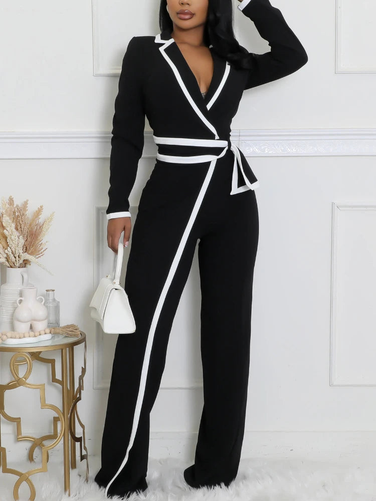 FZ Women's V Neck Turn Down Collar Long Sleeves Straight Jumpsuit