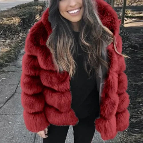 FZ Women's Faux Fur Hooded Zipper Full Sleeve Thick Warm Open Stitch Coat Jacket