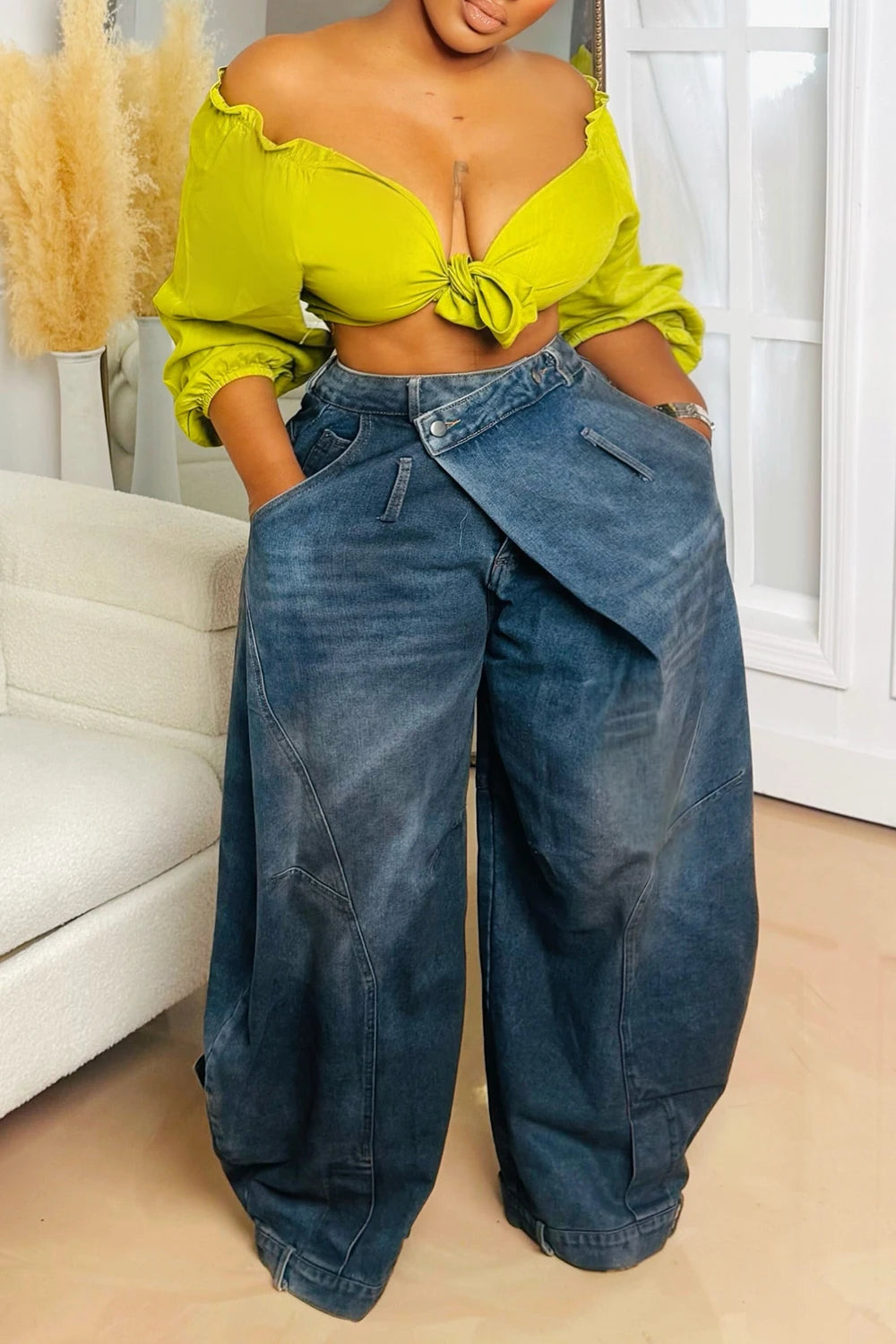 FZ Women's Plus Size Asymmetric Button Pocket Washed Denim Pants