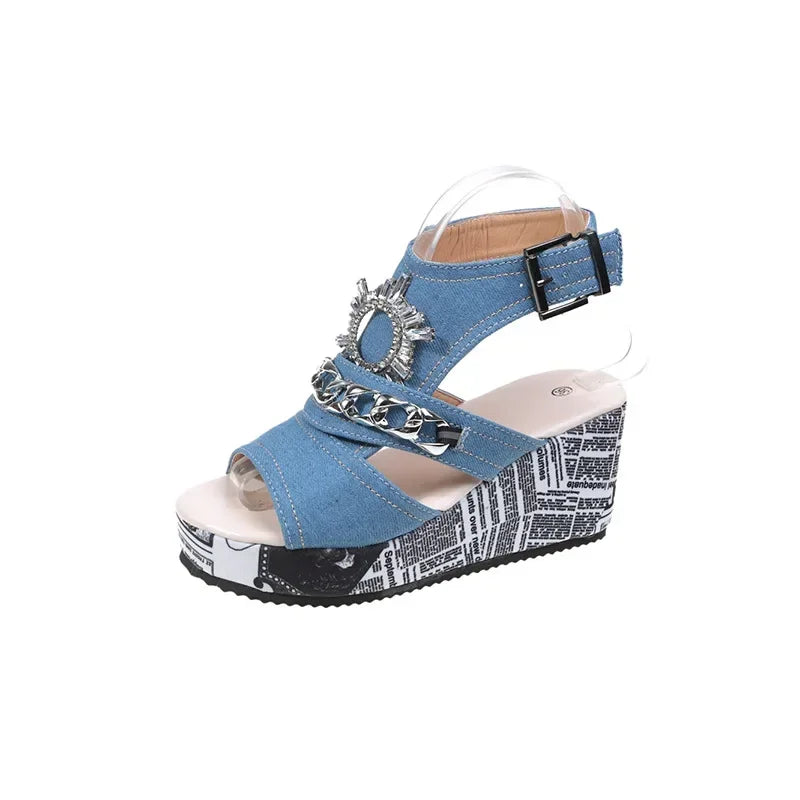 FZ Women's Newspaper Pattern Slingback Platform Wedges Sandal Shoes