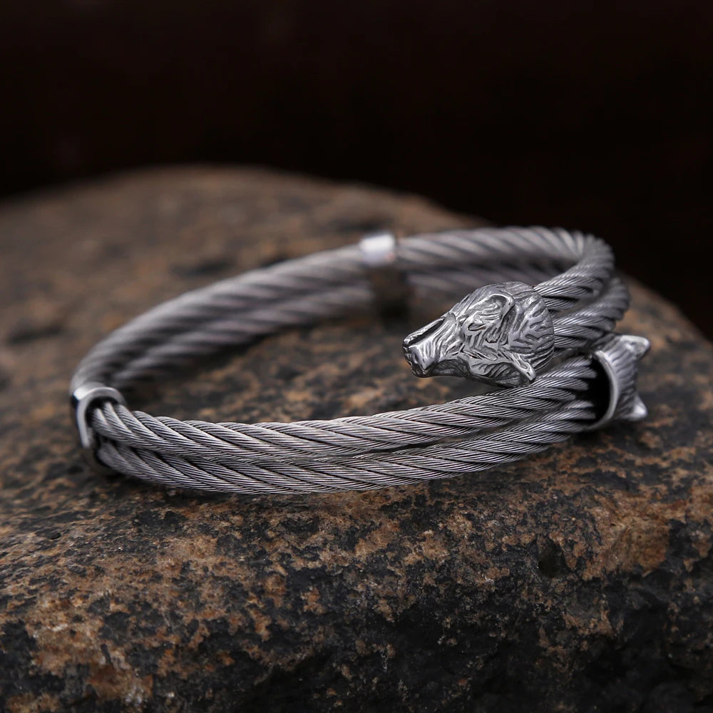 FZ Norse Viking Double Wolf Head Biker Stainless Steel Vintage Bracelet