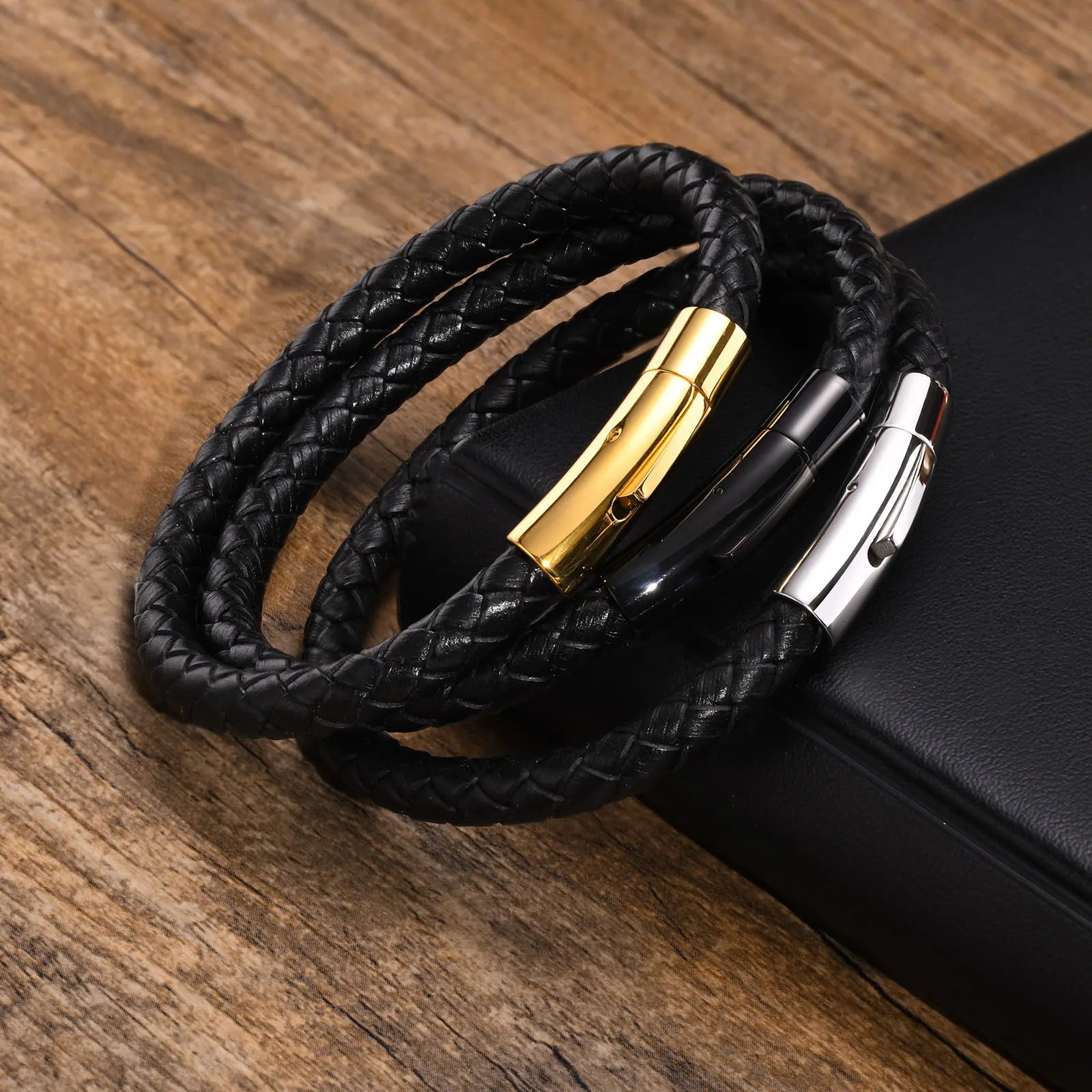 FZ Black Braided Leather Stainless Steel Metal Clasp Bracelet - FZwear