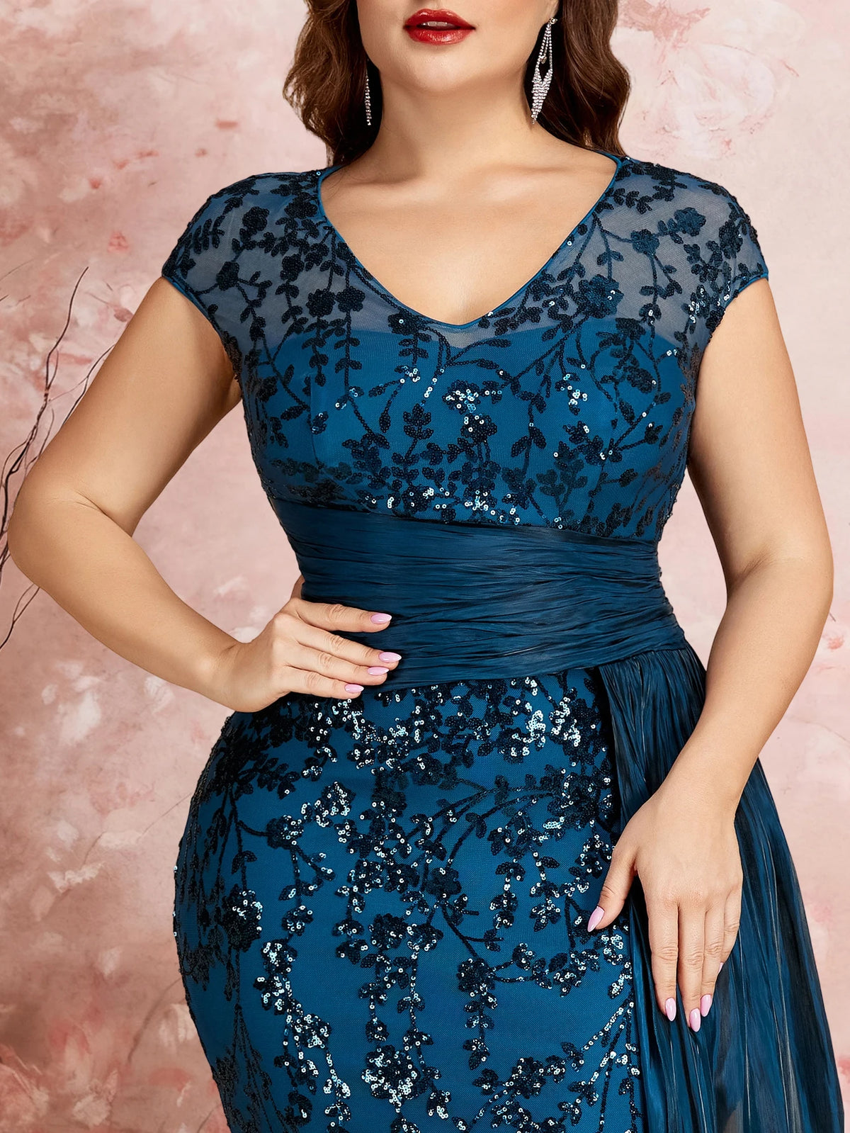 FZ Women's Plus Size Cap Sleeves Sequins Patchwork Evening Dress