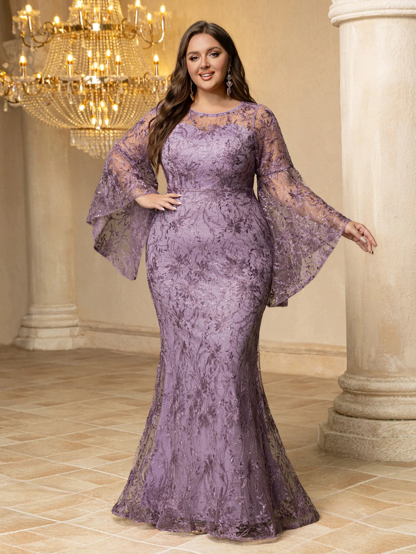 FZ Women's Plus Size Mesh & Embroidery Splicing, Flared Sleeves Evening Dress
