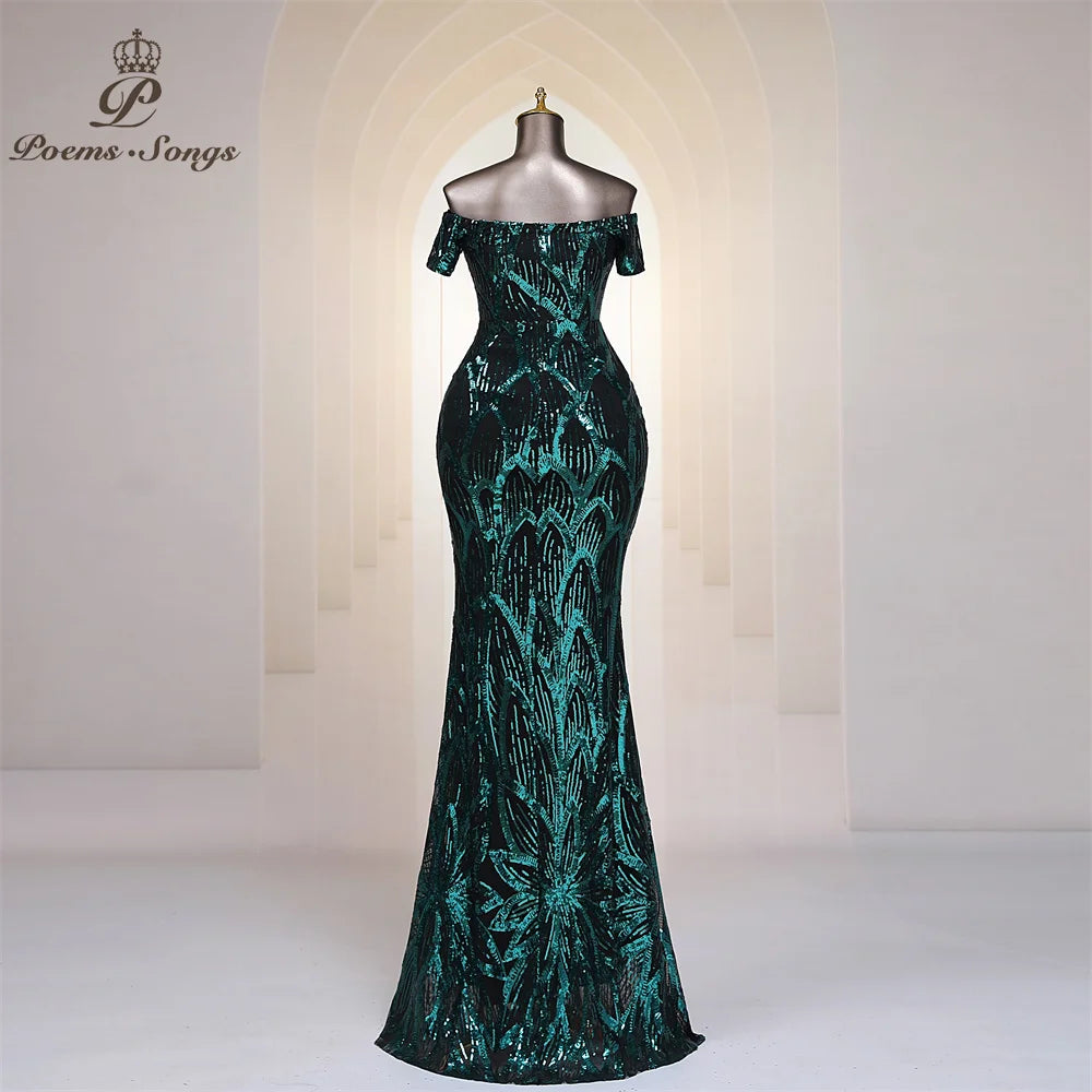 FZ Women's Sequins Off Shoulder Floor Length Mermaid Maxi Evening Dress