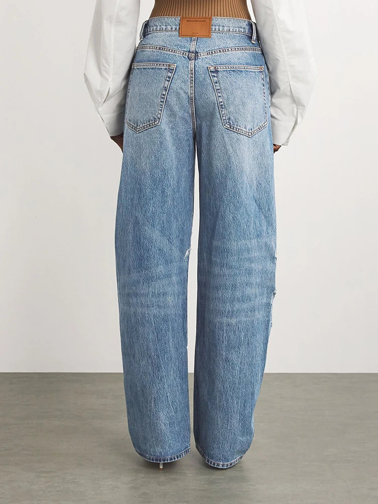 FZ Women's Patchwork Zipper Designer High Waist Loose Wide Leg Denim Pants