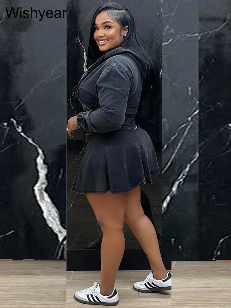 FZ Women's Long Sleeve Hooded Pleated Vintage Wash 2 Piece Denim Skirt Suit