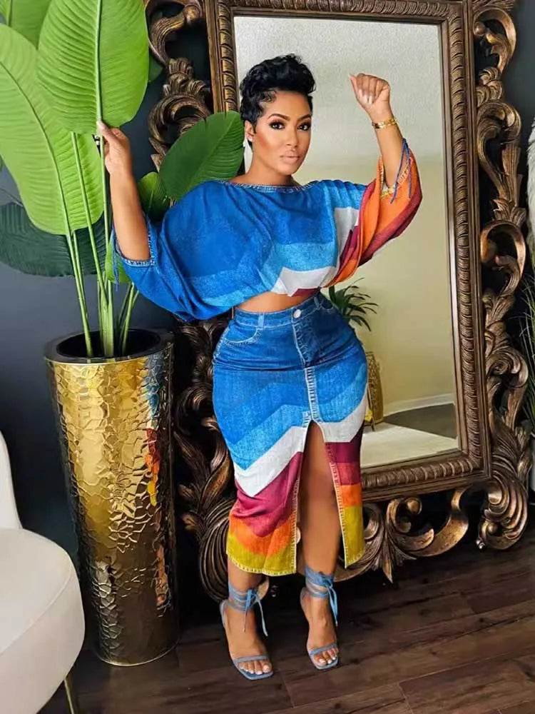 FZ Women's Streetwear Open Split 2 Piece Denim Print Skirt Suit