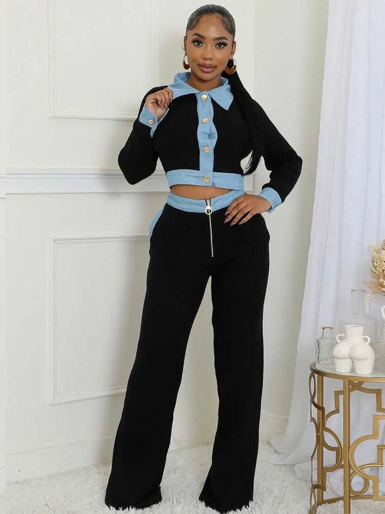 FZ Women's Long Sleeve Polo Cotton Ribbed 2 Piece Pants Suit