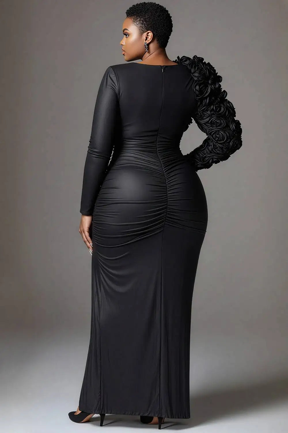 FZ Women's Plus Size Round Neck Long Sleeve 3D Elegant Split PU Leather Maxi Dress