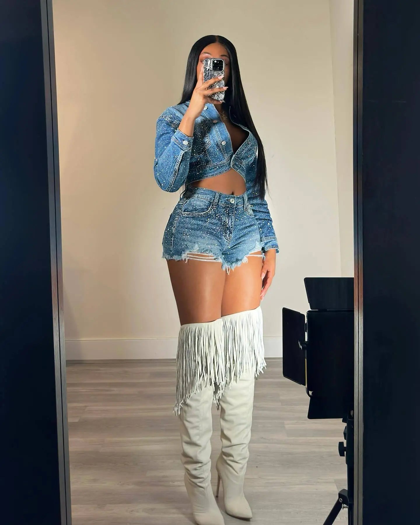 FZ Women's Rhinestone Sexy Two Piece Denim Shorts Suit - FZwear