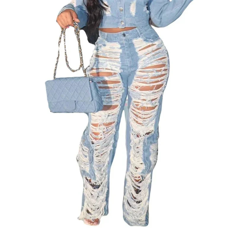 FZ Women's Hollow Out Broken Holes Patchwork High Waist Denim Pants