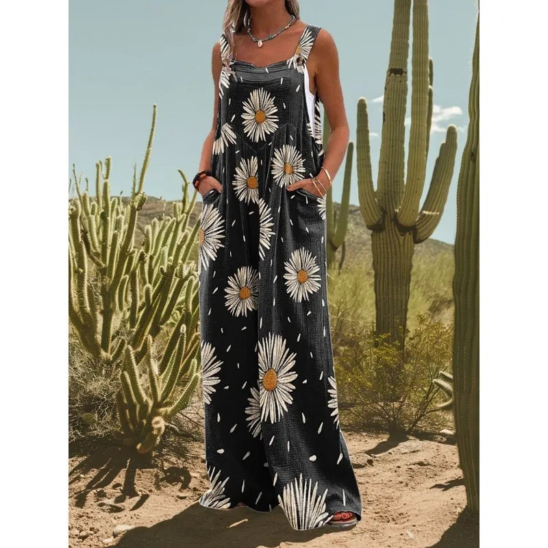 FZ Women's Vintage Flower Daisy Print Casual Strap Wide Leg Jumpsuit - 2 - FZwear
