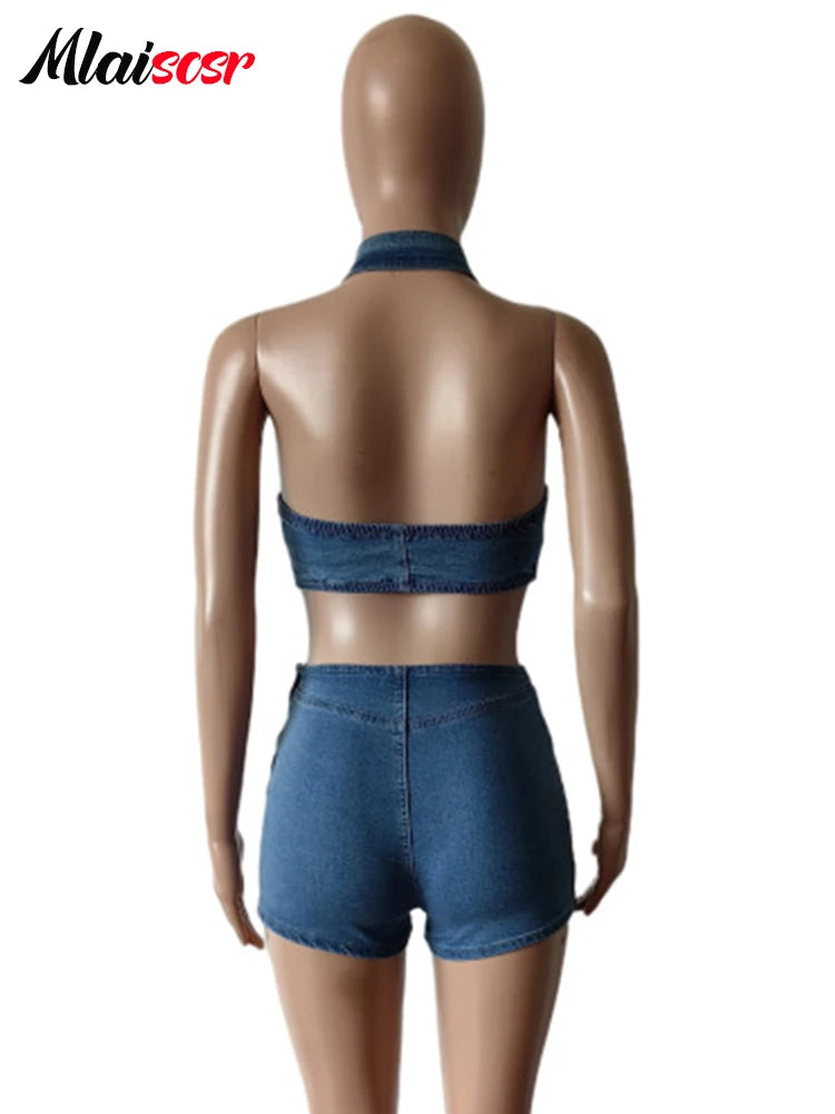 FZ Women's Y2K Cargo Pocket Streetwear 2 Piece Denim Shorts Suit