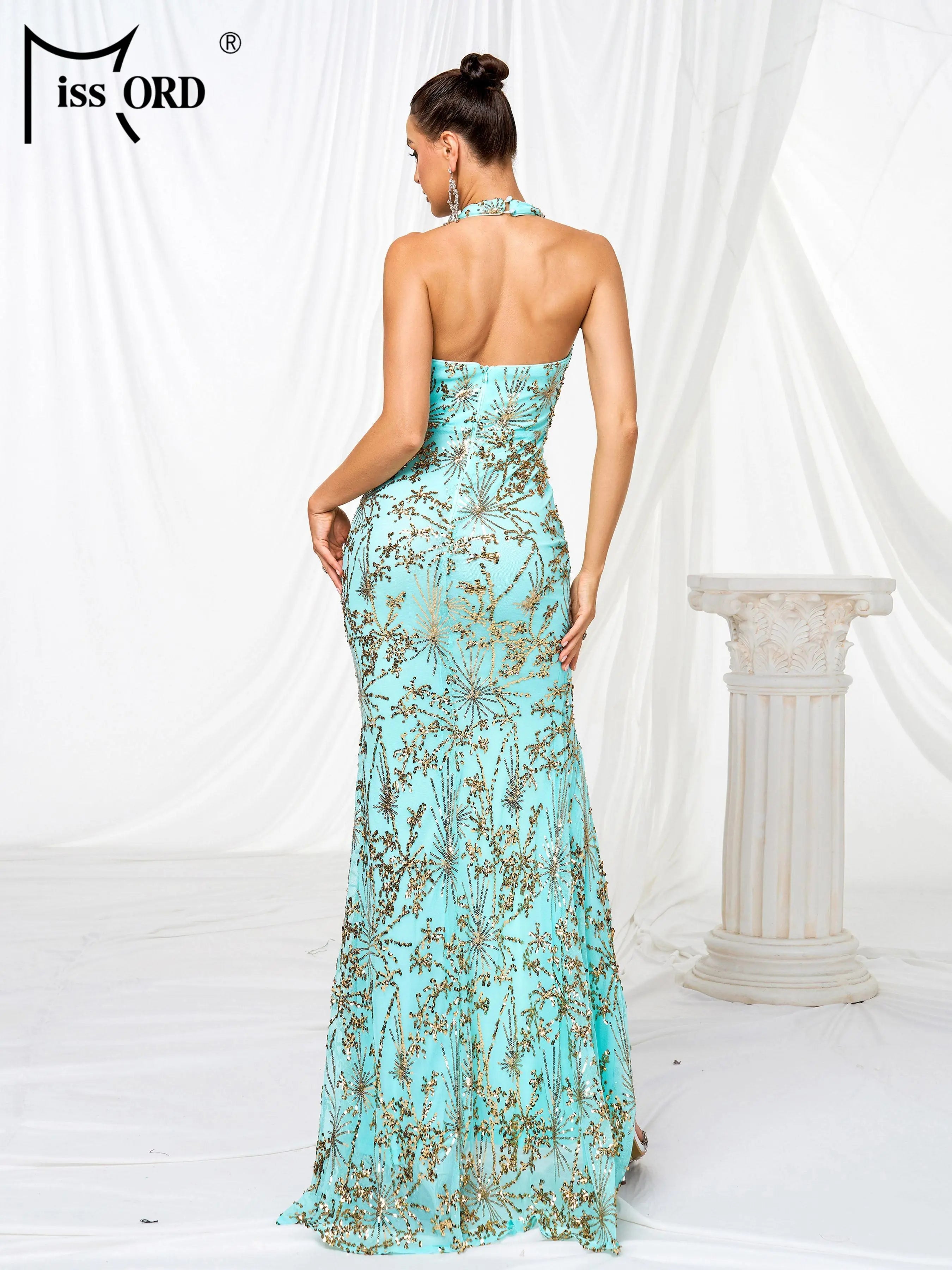 FZ Women's V Neck Sequin Cocktail Split Evening Dress