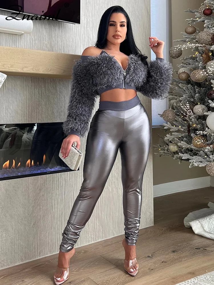 FZ Women's Slash Neck Zipper Pencil Pants 2 Piece Suit - FZwear