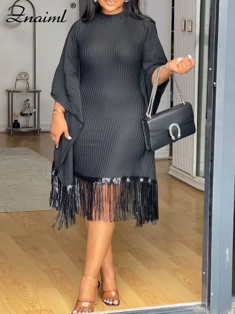 FZ Women's Batwing Sleeve Tassel Slim Midi Evening Dress