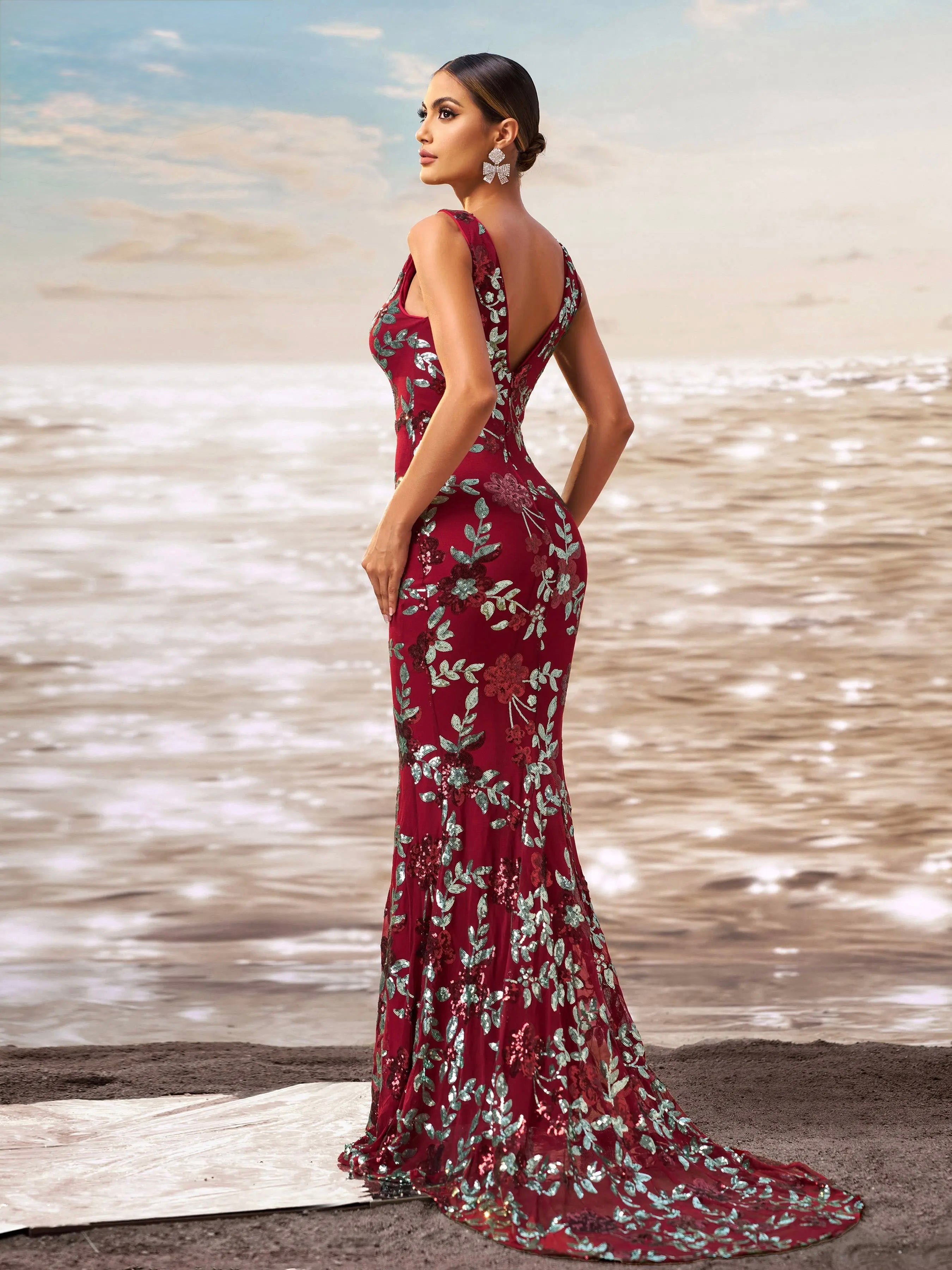 FZ Women's V Neck Sequin Mermaid Cocktail Floor Length Evening Dress