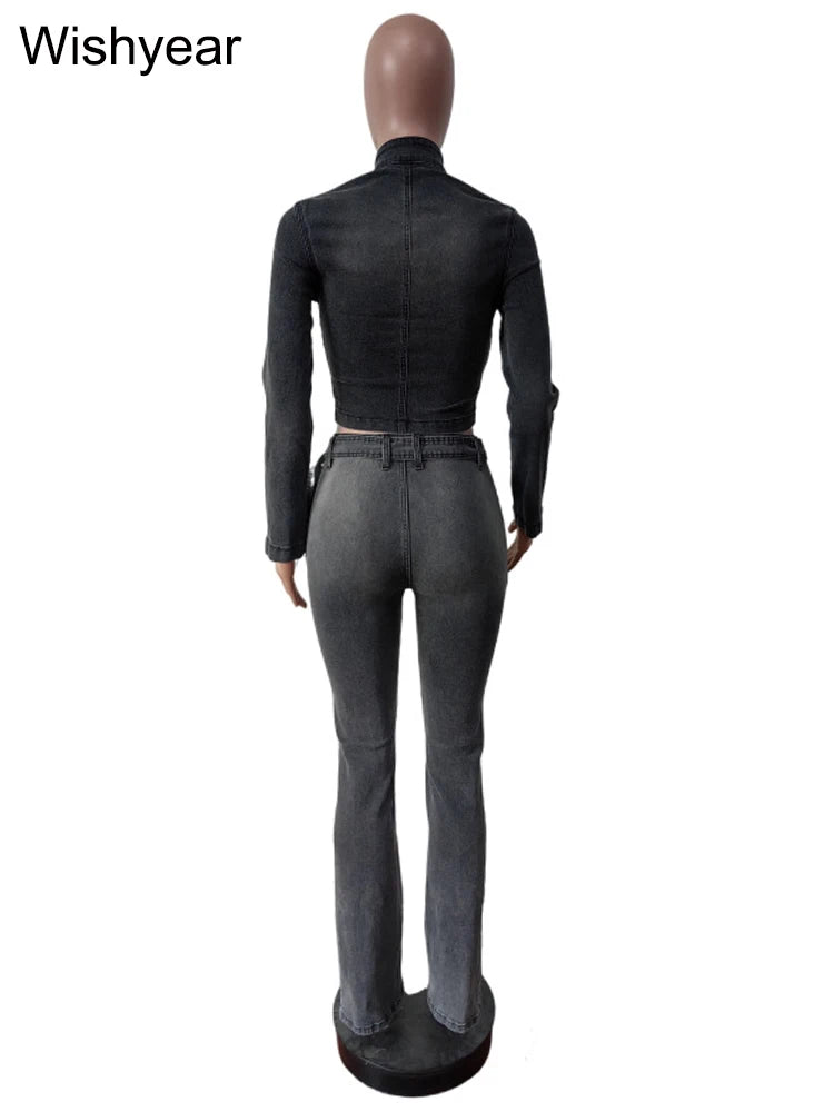 FZ Women's Vintage Gray Stretch Pencil 2-Piece Denim Pants Suit