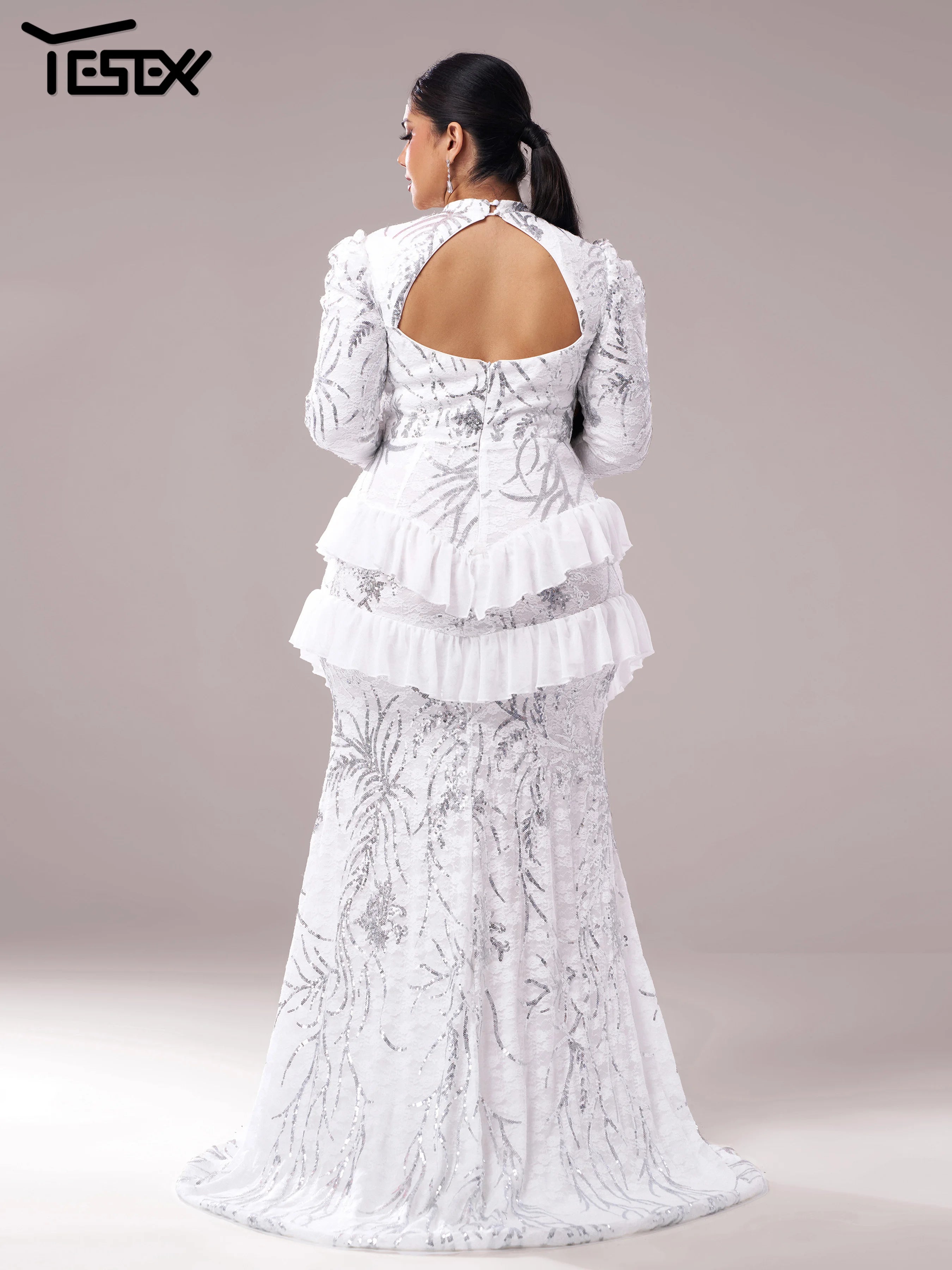 FZ Women's Plus Size Round Neck Long Sleeved Split Evening Dress