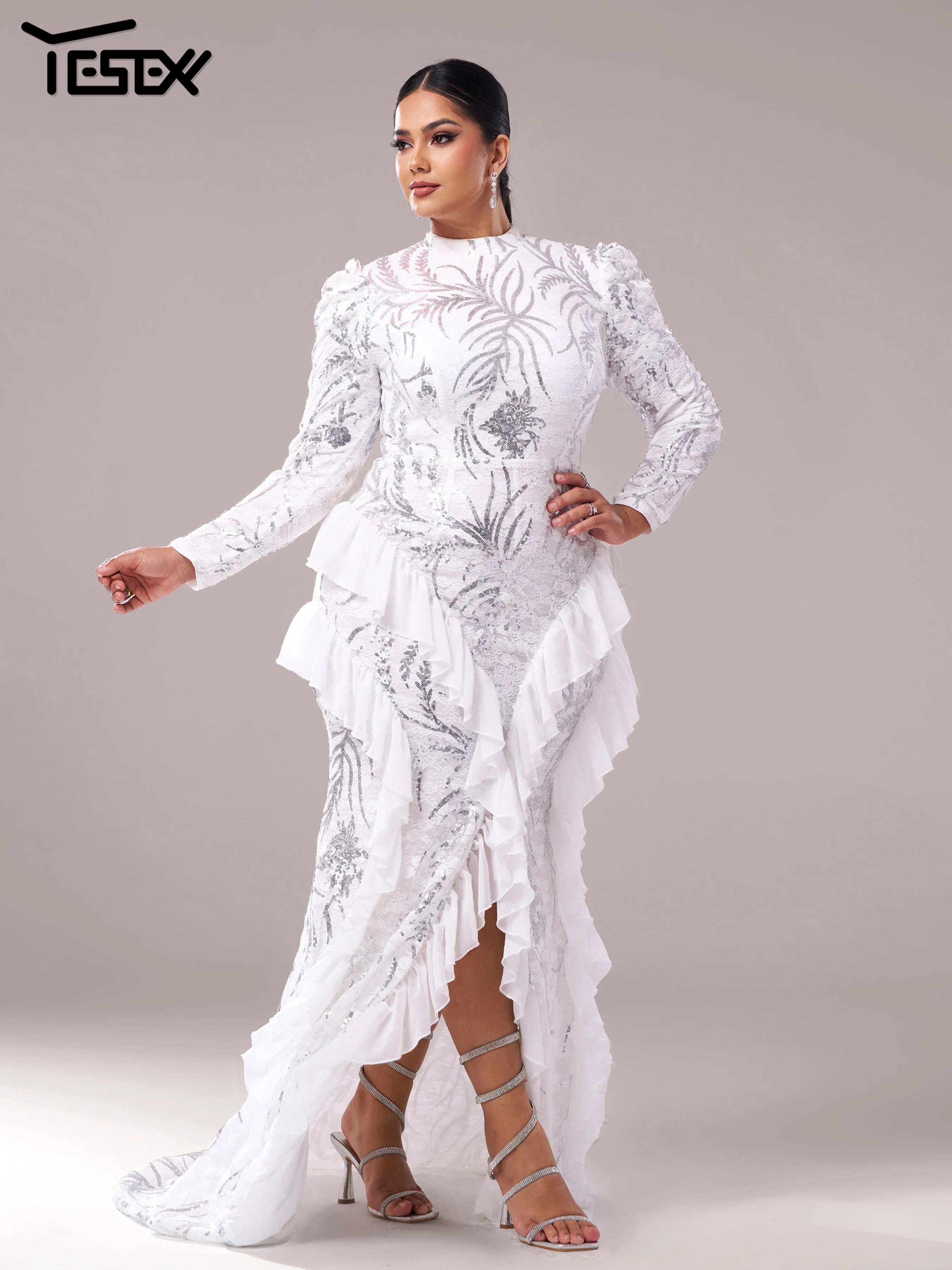 FZ Women's Plus Size Round Neck Long Sleeved Split Evening Dress