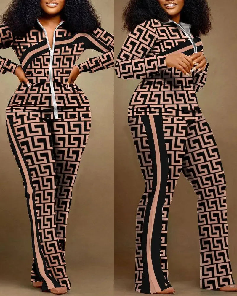 FZ Women's Print Zipper Stand Collar Sheath Full Sleeve Straight Two Piece Pants Suit