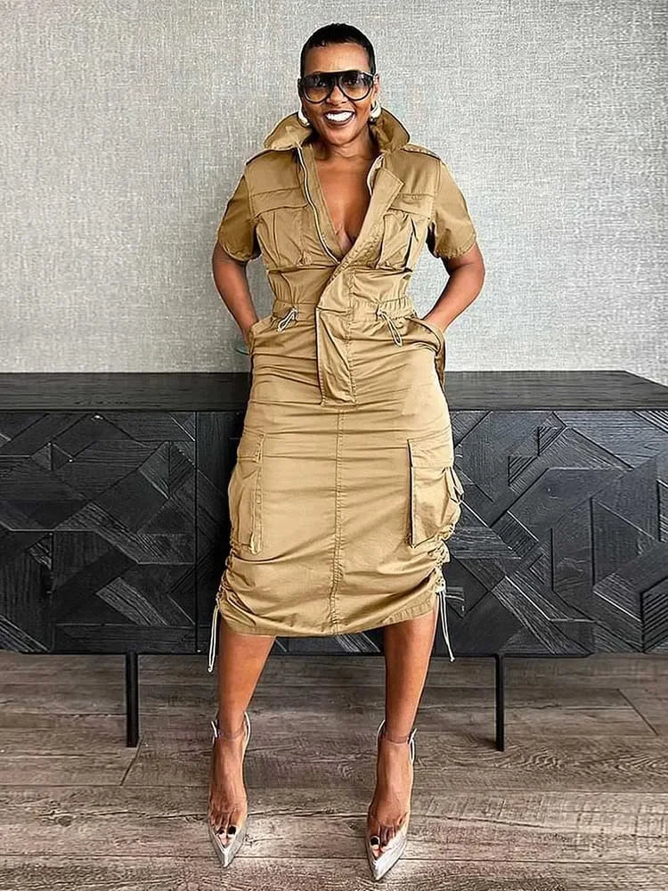 FZ Women's Drawstring Waist Pocket High Street Vintage Retro Midi Dress