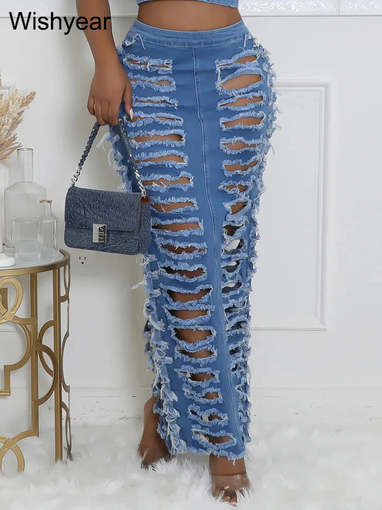 FZ Women's Hollow Out Ripped High Waist Denim Skirt