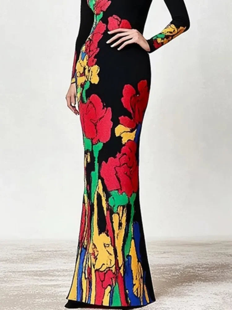 FZ Women's Elegant Floral Printed Turtleneck Long Sleeves Mermaid Maxi Dress