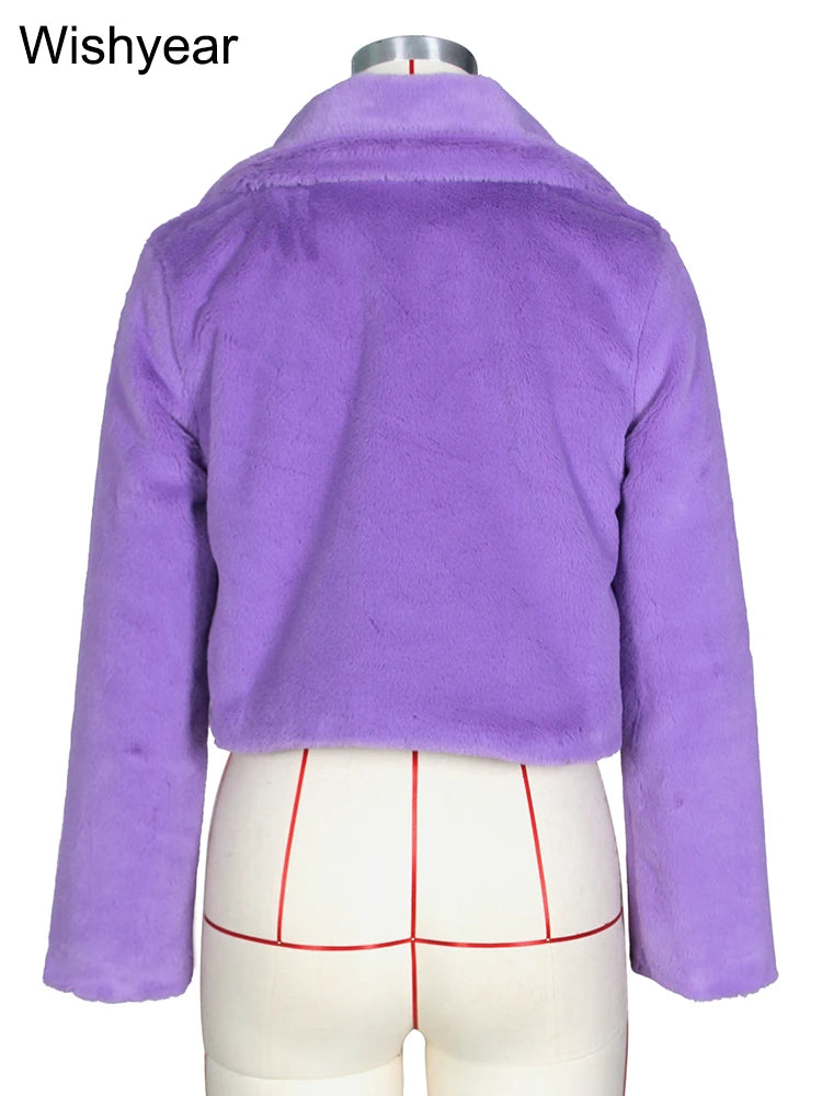 FZ Women's Faux Fur Open Stitch Lapel Crop Winter Fluffy Jacket