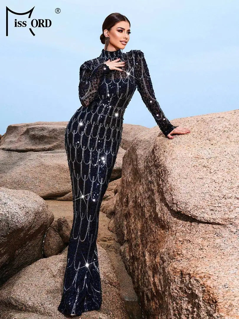 FZ Women's High Neck Sequin Mermaid Cocktail Maxi Evening Dress