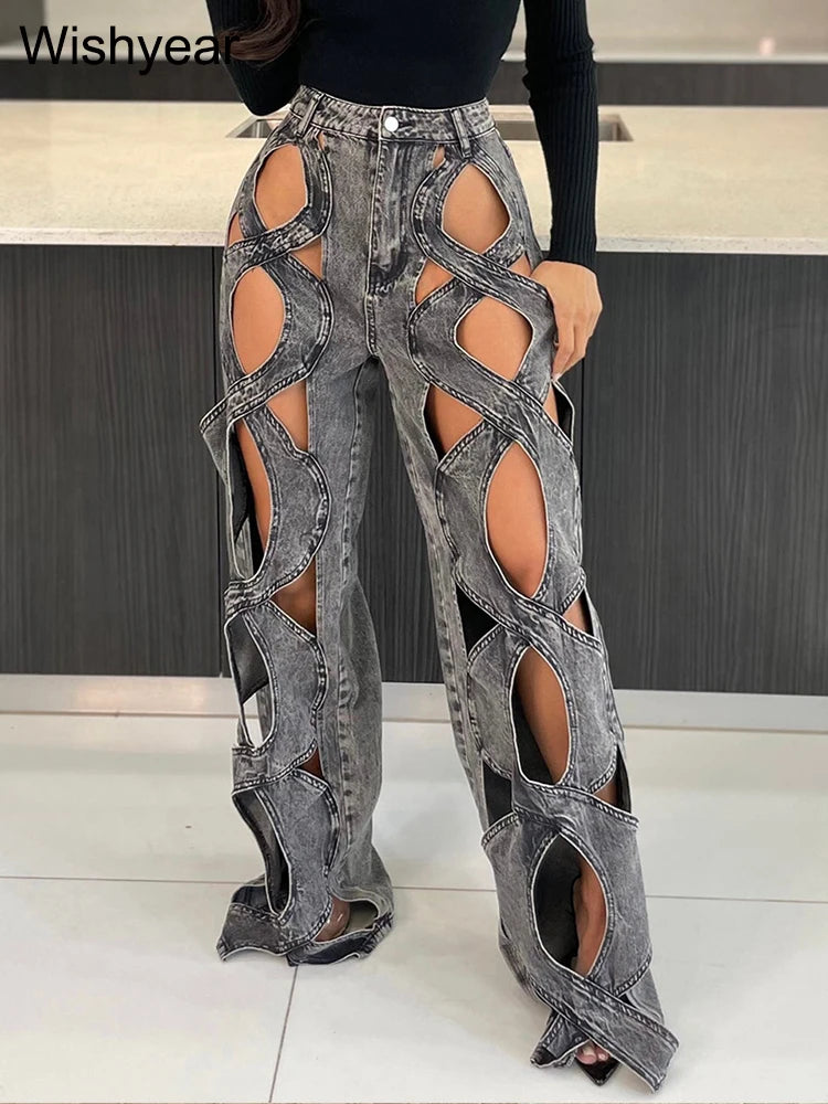 FZ Women's Streetwear Stretch Cross Hollow Out Loose Denim Cargo Pants - FZwear