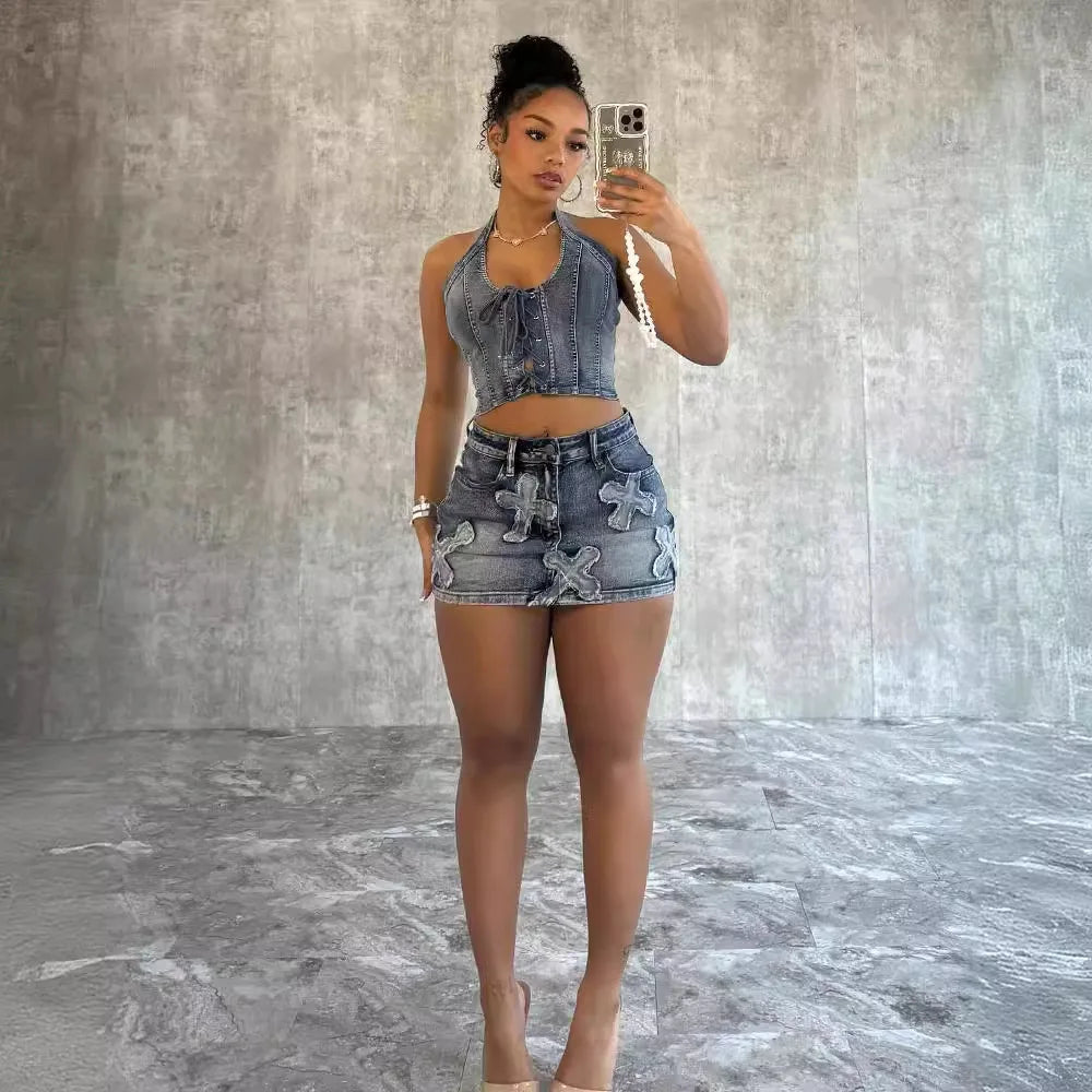 FZ Women's Denim Lace Up 2 Piece Mini Skirt Suits - FZwear