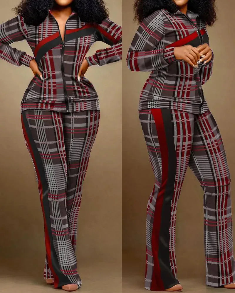 FZ Women's Print Zipper Stand Collar Sheath Full Sleeve Straight Two Piece Pants Suit