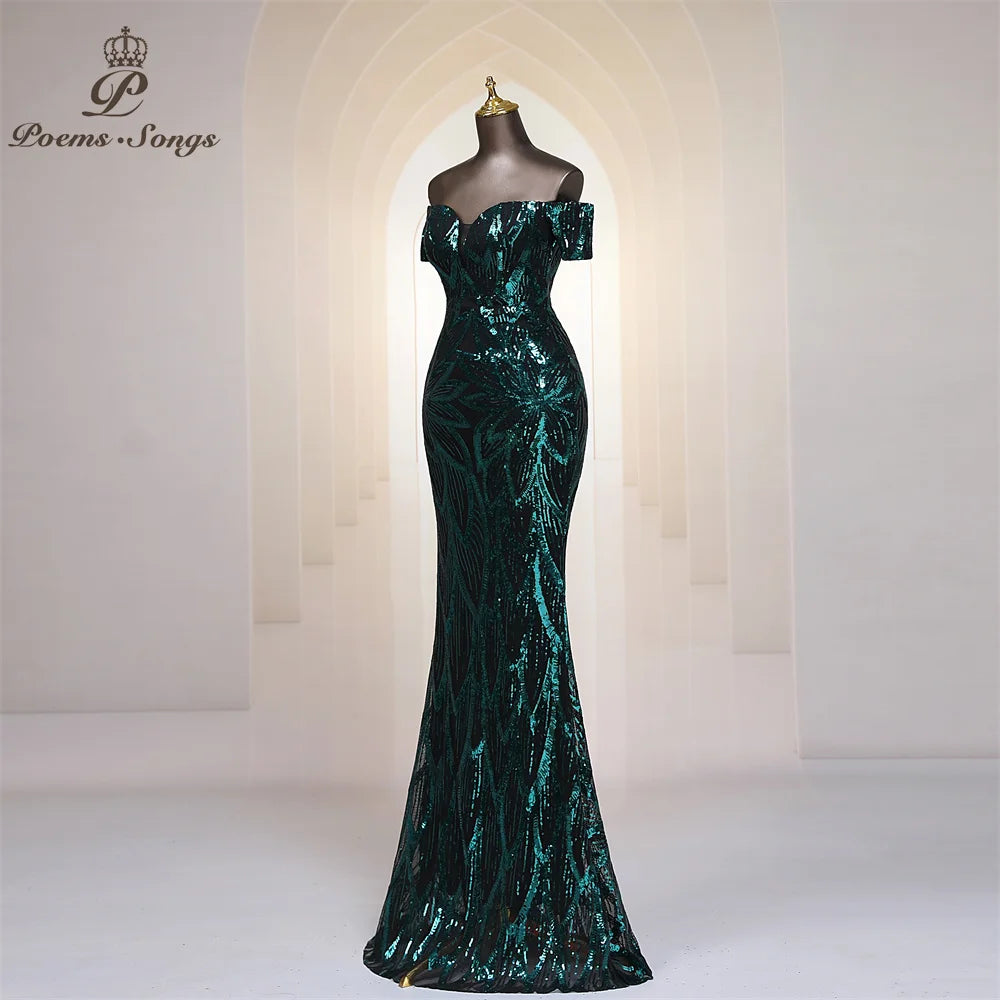 FZ Women's Sequins Off Shoulder Floor Length Mermaid Maxi Evening Dress